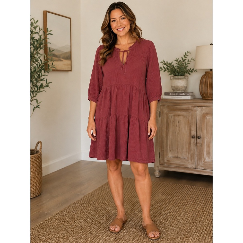 Honorine Giselle Tiered Mini Dress Womens Large Rust Red Cotton Gauze Boho